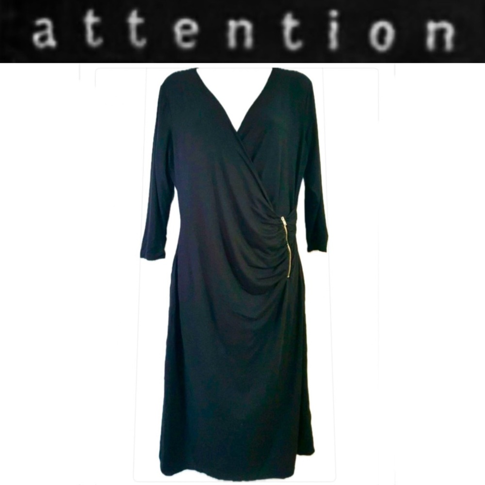 ATTENTION black 3/4 sleeves wrap dress with side zipper rouching size L  NWT